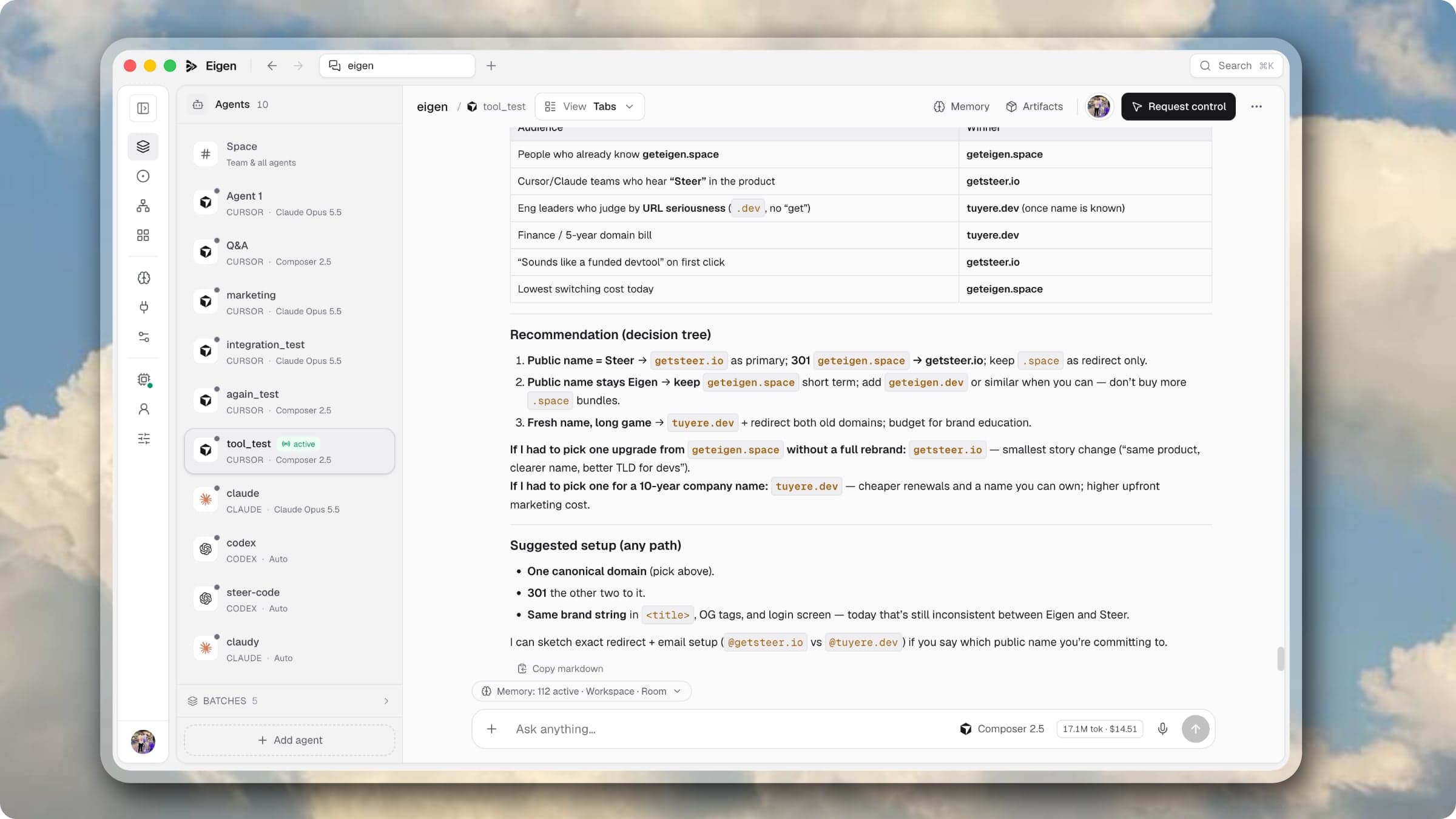 The Eigen desktop app: tabs, the agents sidebar, and a live session