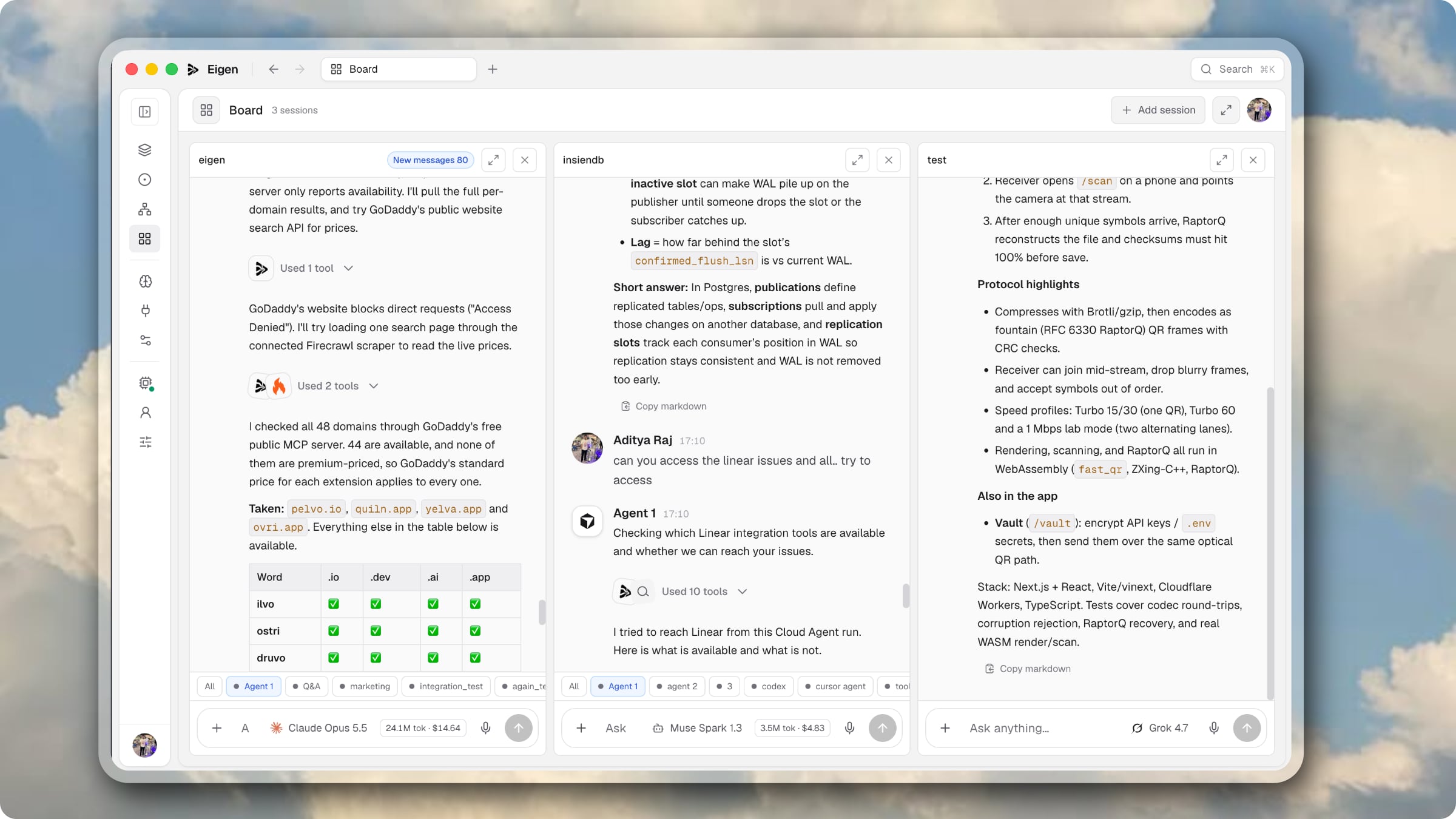 The Eigen board with several live sessions tiled