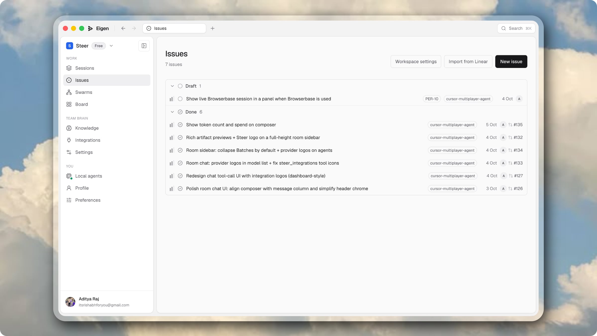 Eigen issues grouped by status with linked pull requests
