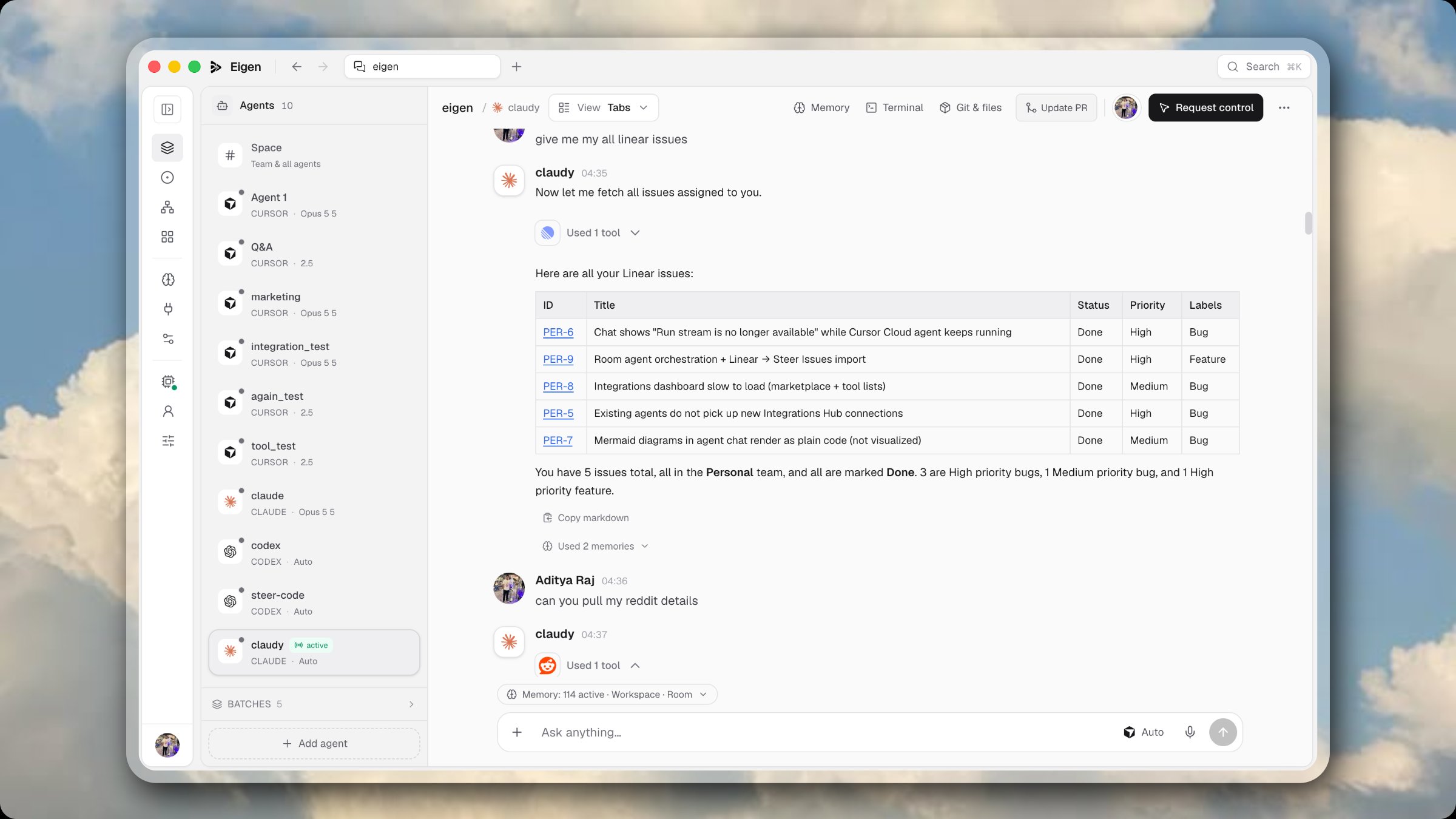 A live Eigen session with several agents and teammates