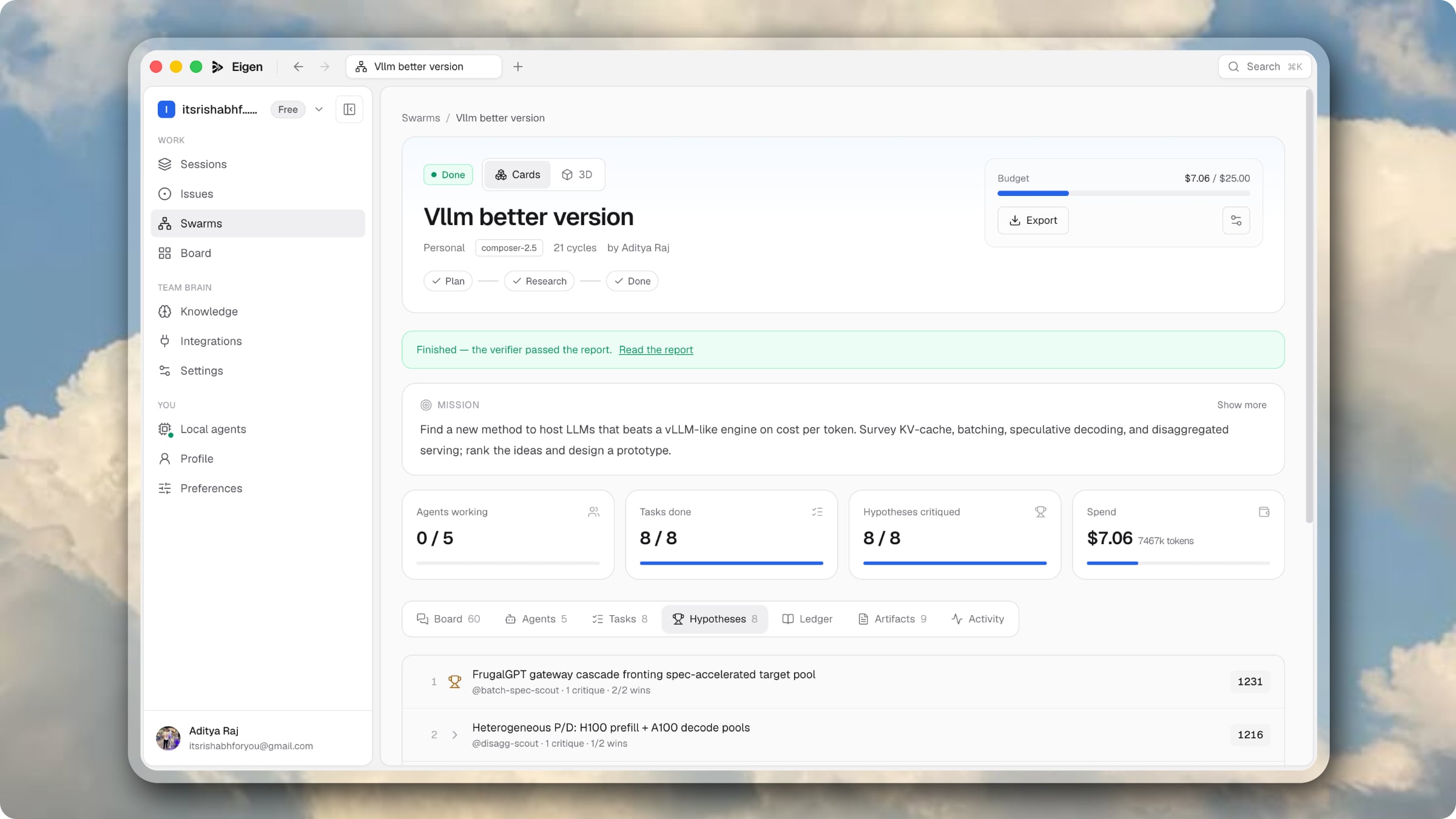 An Eigen swarm board with agents posting findings